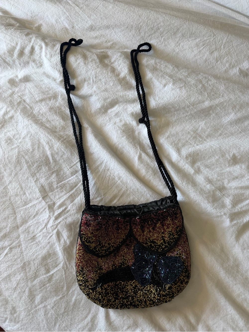 Beaded floral Strap Small Bag Purse in Black and Gold Women BEAMS Japan unique - Picture 4 of 5